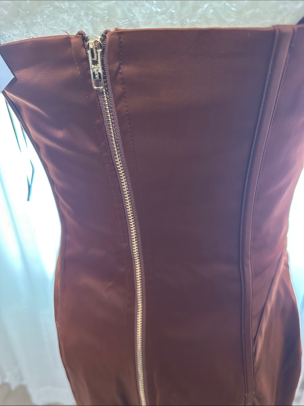 AKIRA Strapless Corset Satin Midi Dress in Chocolate Brown - Picture 7 of 10